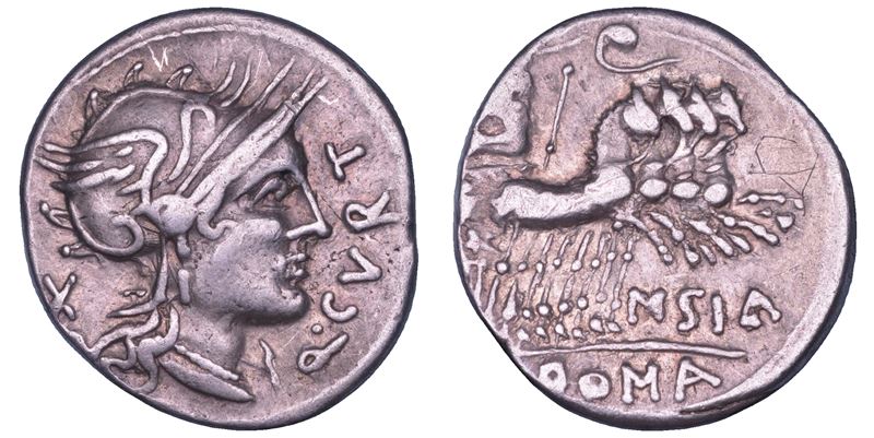 CURTIA. Q. Curtius e M. Silanus, 116-115 a.C. Denario.