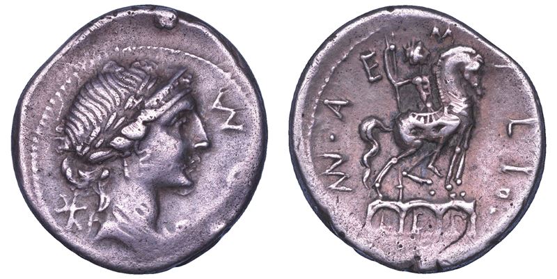 AEMILIA. Man. Emilius Lepidus, 114-113 a.C. Denario.