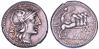 MAENIA, Denario con Testa Elmata di Roma e Vittoria su Quadriga Rampante, 132 a.C.