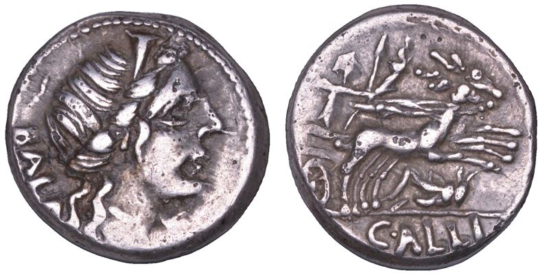 ALLIA. C. Allius Bala, circa 92 a. C. Denario probabilmente suberato.