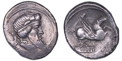 Q. Titius, Denario di Mutinus Titinus, 90 a.C.