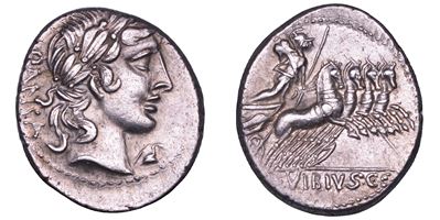 C. Vibius Pansa C.f., Denario con testa di Apollo e Minerva, 90 a.C.