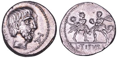 L. Titurius L.f. Sabinus, Denario con il Ratto delle Sabine, 89 a.C.