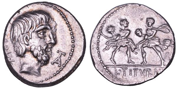 TITURIA. L. Titurius L.f. Sabinus, 89 a.C. Denario.