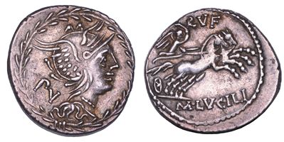 M. Lucilius Rufus, Denario con Testa di Roma e Vittoria sulla Biga, 101 a.C.