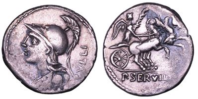 SERVILIA, Denario con busto di Minerva e Vittoria su biga, 100 a.C.