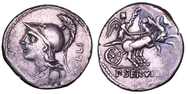 SERVILIA. P. Servilius M.f. Rullus, 100 a.C. Denario.