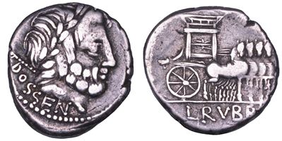 Rubrius Dossenus, Denario con Testa di Zeus e Quadriga Trionfale, 87 a.C.