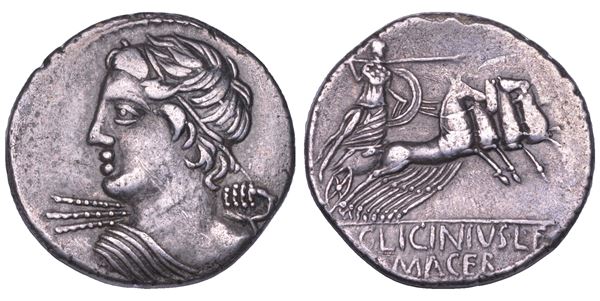 LICINIA. C. Licinius L.f. Macer, 84 a. C. Denario.