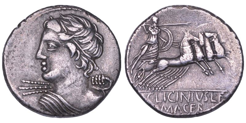 LICINIA. C. Licinius L.f. Macer, 84 a. C. Denario.