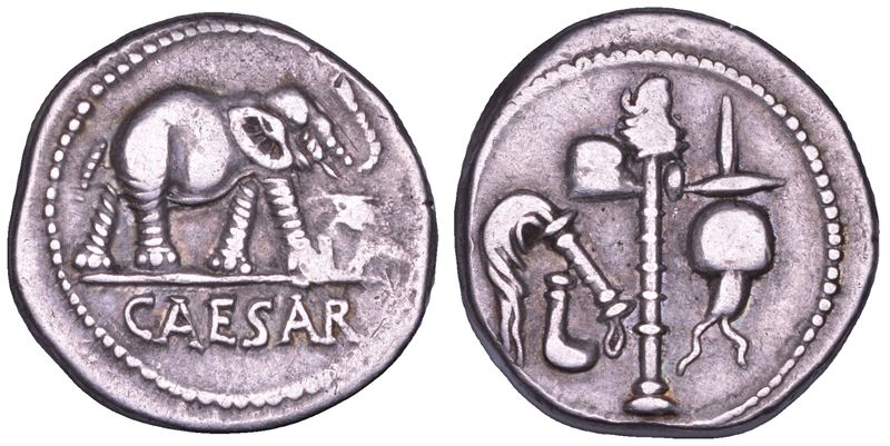 JULIA. C. Julius Caesar, 49-48 a.C. Denario, Zecca in movimento con Cesare.