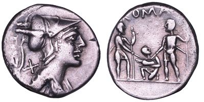 Ti. Veturius, Denario con busto di Marte e scena di giuramento, 137 a.C.