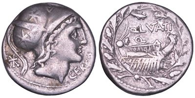 Q. Lutatius Cerco, Denario con testa di Roma, 109-108 a.C.