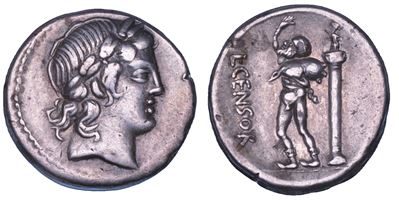 L. Marcius Censorinus, Denario con testa di Apollo e Marsia, 82 a.C.