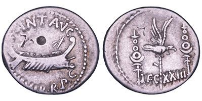 Marco Antonio, Denario, zecca militare in movimento con Marco Antonio (Patrasso?), anni 32-31 a.C...