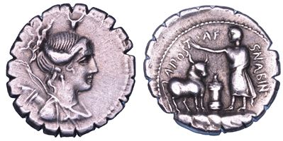 POSTUMIA, Denario serrato con Busto di Diana e Figura Togata, 81 a.C.