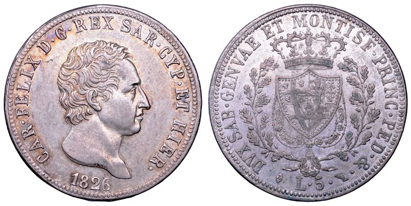 REGNO DI SARDEGNA. CARLO FELICE DI SAVOIA, 1821-1831.   5 Lire 1826. Torino.  - Asta Numismatica - Cambi Casa d'Aste