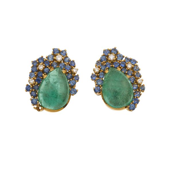 Pair of emerald, sapphire, diamond and gold earrings
