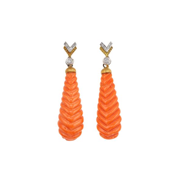 Pair of coral, diamond and gold earrings. Damages
