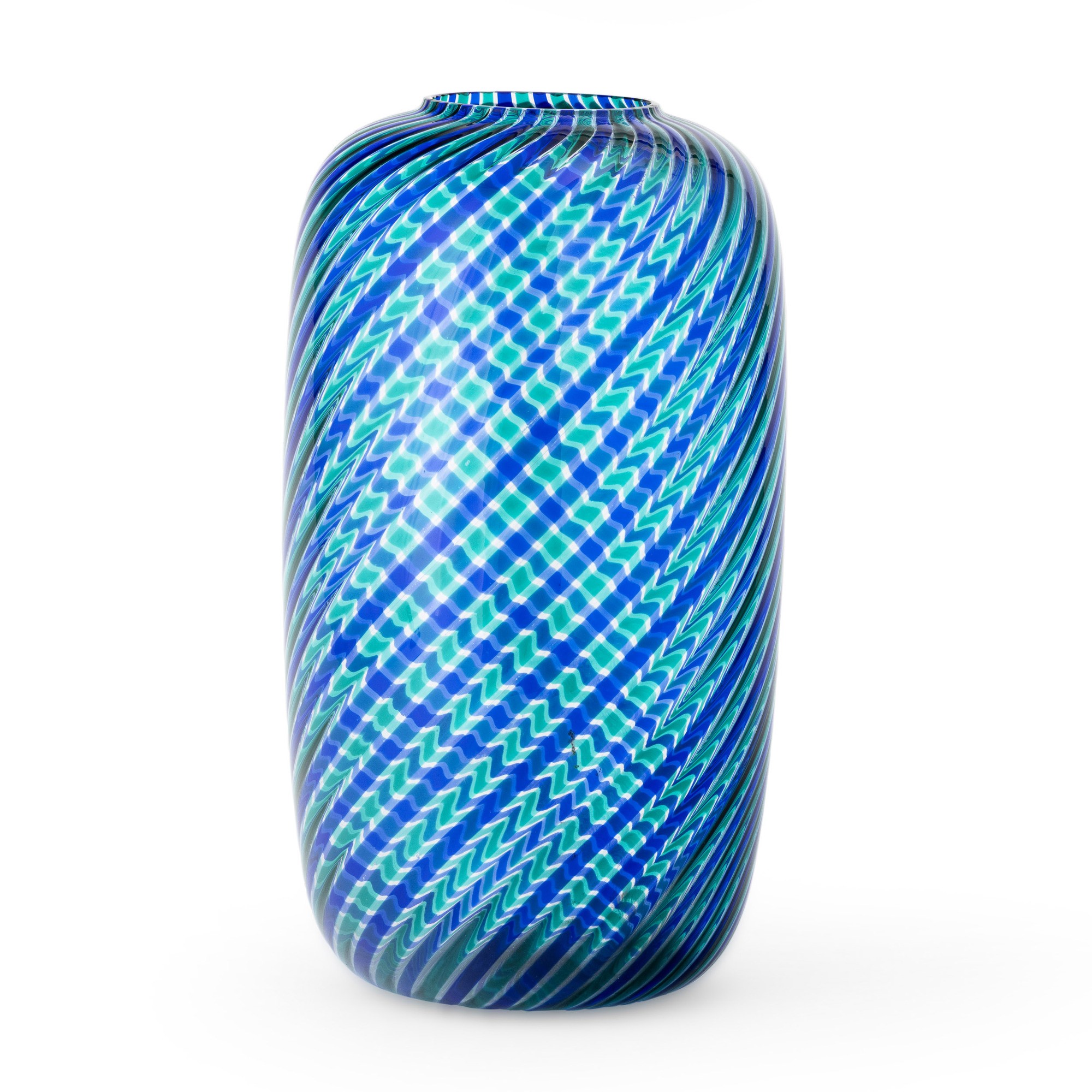 Venini, Vaso in vetro soffiato a canne ritorte zaffiro e verde, Murano 1984