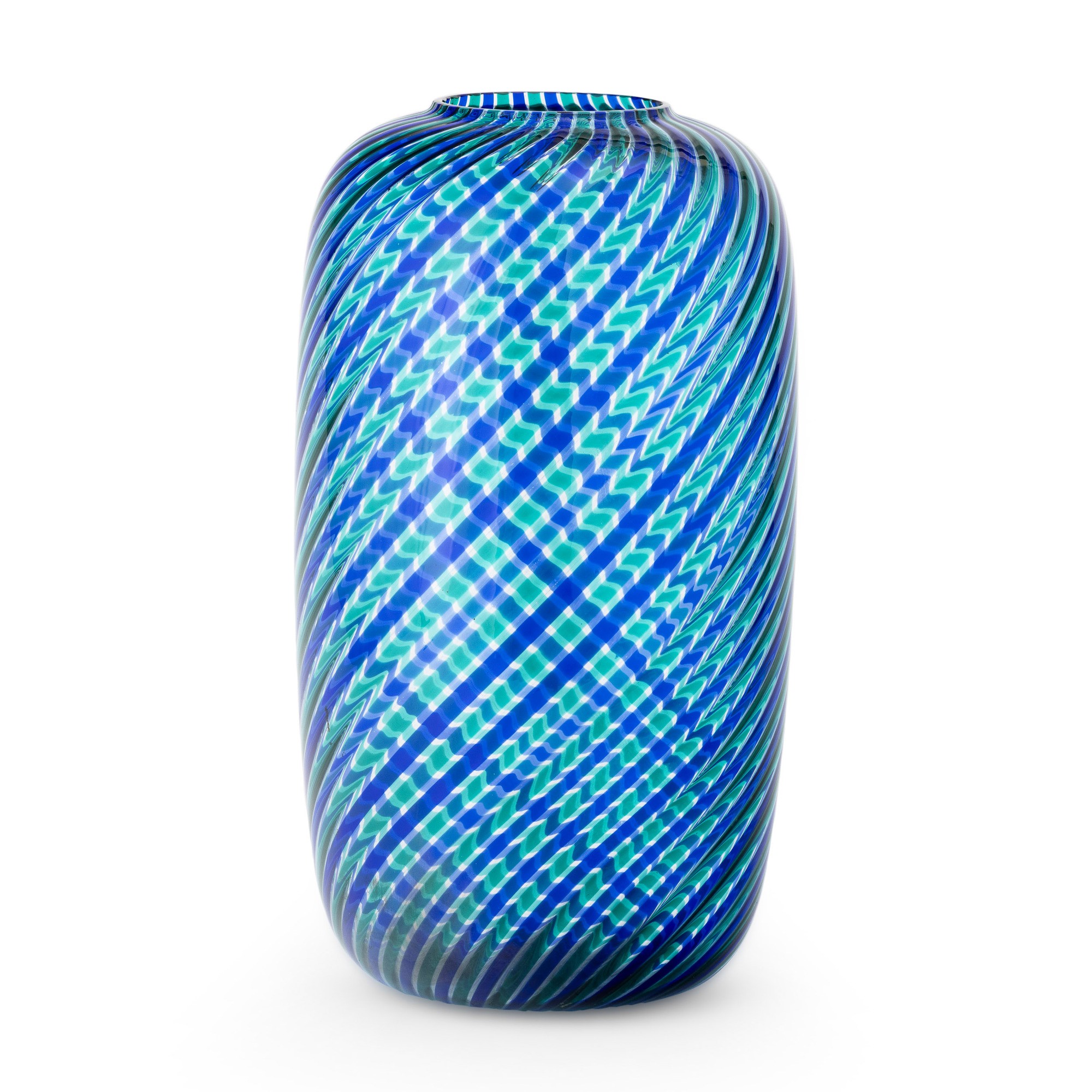 Venini, Vaso in vetro soffiato a canne ritorte zaffiro e verde, Murano 1984