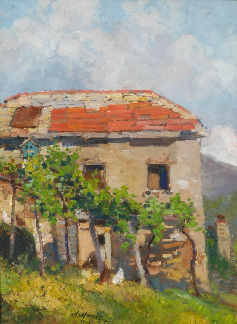 Amedeo Merello : Paesaggio con cascina  - olio - Asta Dipinti del XIX-XX Secolo - Cambi Casa d'Aste