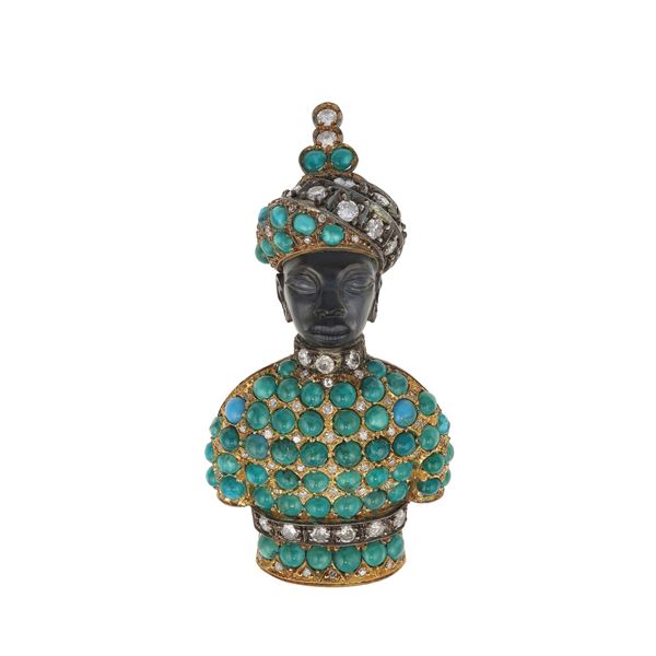 Diamond, tueruoise, low-karat gold and silver "oretto" brooch. Case signed Codognato, Venezia