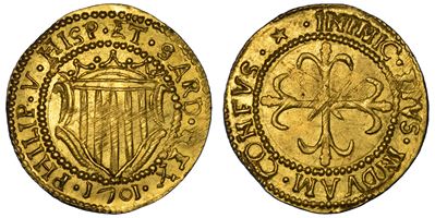 CAGLIARI, Scudo d'oro di Filippo V di Spagna, 1701