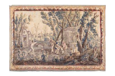 Arazzo, manifattura di Aubusson, scena di giochi nel parco, Francia, fine XVIII secolo