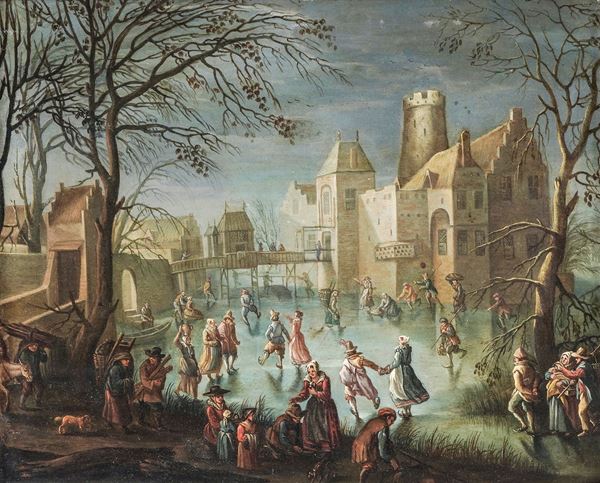 Artista fiammingo della fine del XVII-inizi del XVIII secolo Paesaggio invernale con pattinatori