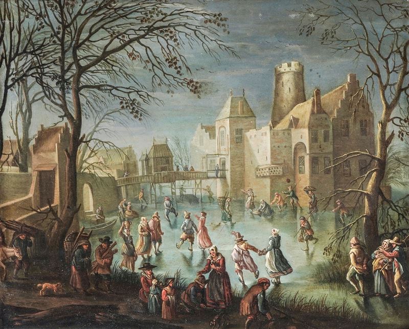 Artista fiammingo della fine del XVII-inizi del XVIII secolo Paesaggio invernale con pattinatori  - olio su rame - Auction Fine Art Selection - Cambi Casa d'Aste