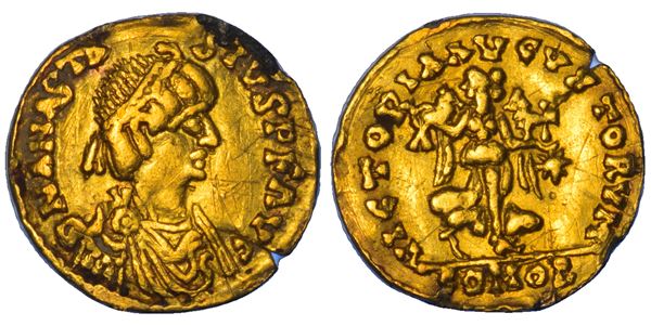 OSTROGOTI. TEODORICO, 493-526. Tremisse a nome Anastasio I, 491-518.  Roma, anno 493.