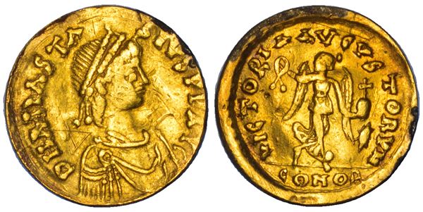 OSTROGOTI. TEODORICO, 493-526. Tremisse a nome Anastasio I, 491-518.  Roma, anno 493.