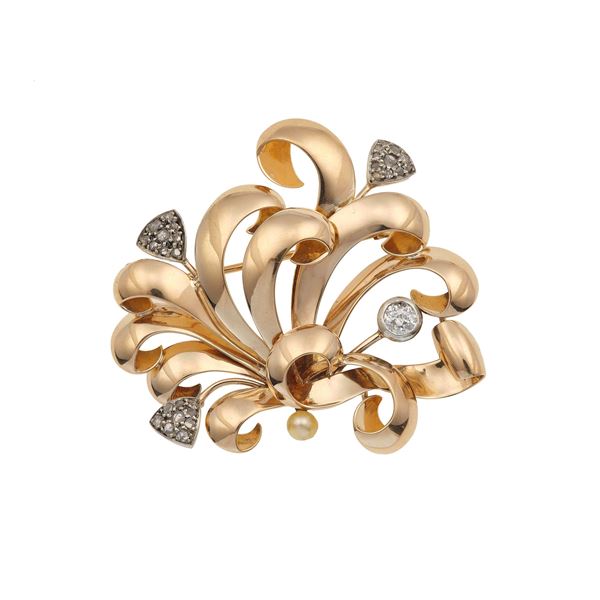 Old-cut diamond, pearl, gold and silver brooch