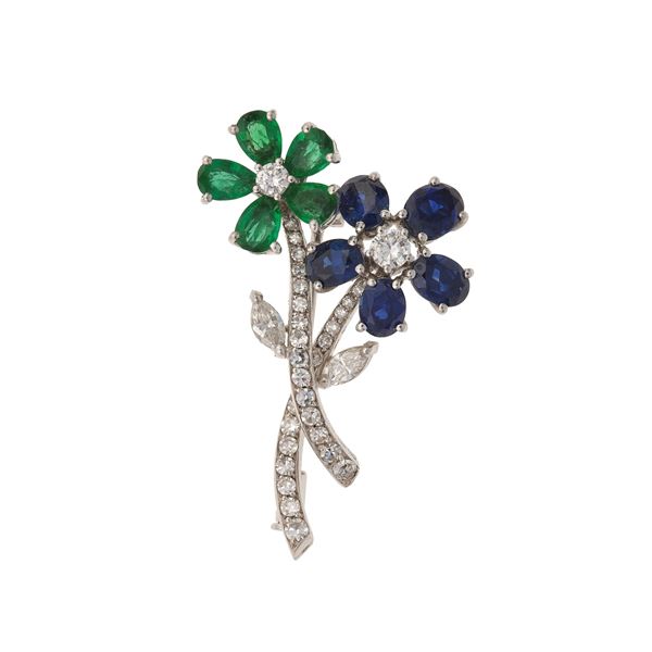 Emerald, sapphire, diamond and gold brooch