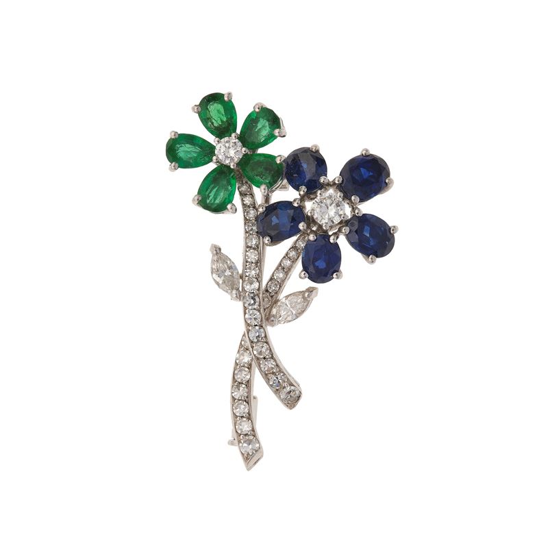 Emerald, sapphire, diamond and gold brooch  - Auction Fine Jewellery - Cambi Casa d'Aste