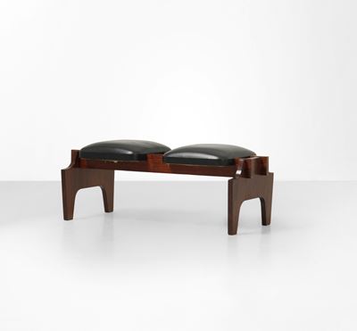 Panca in legno e impiallacciato con rivestimento in skai, produzione italiana, ca. 1950