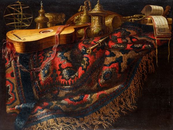 Natura morta con tappeto, chitarra, spartito musicale, sfera armillare e argenteria