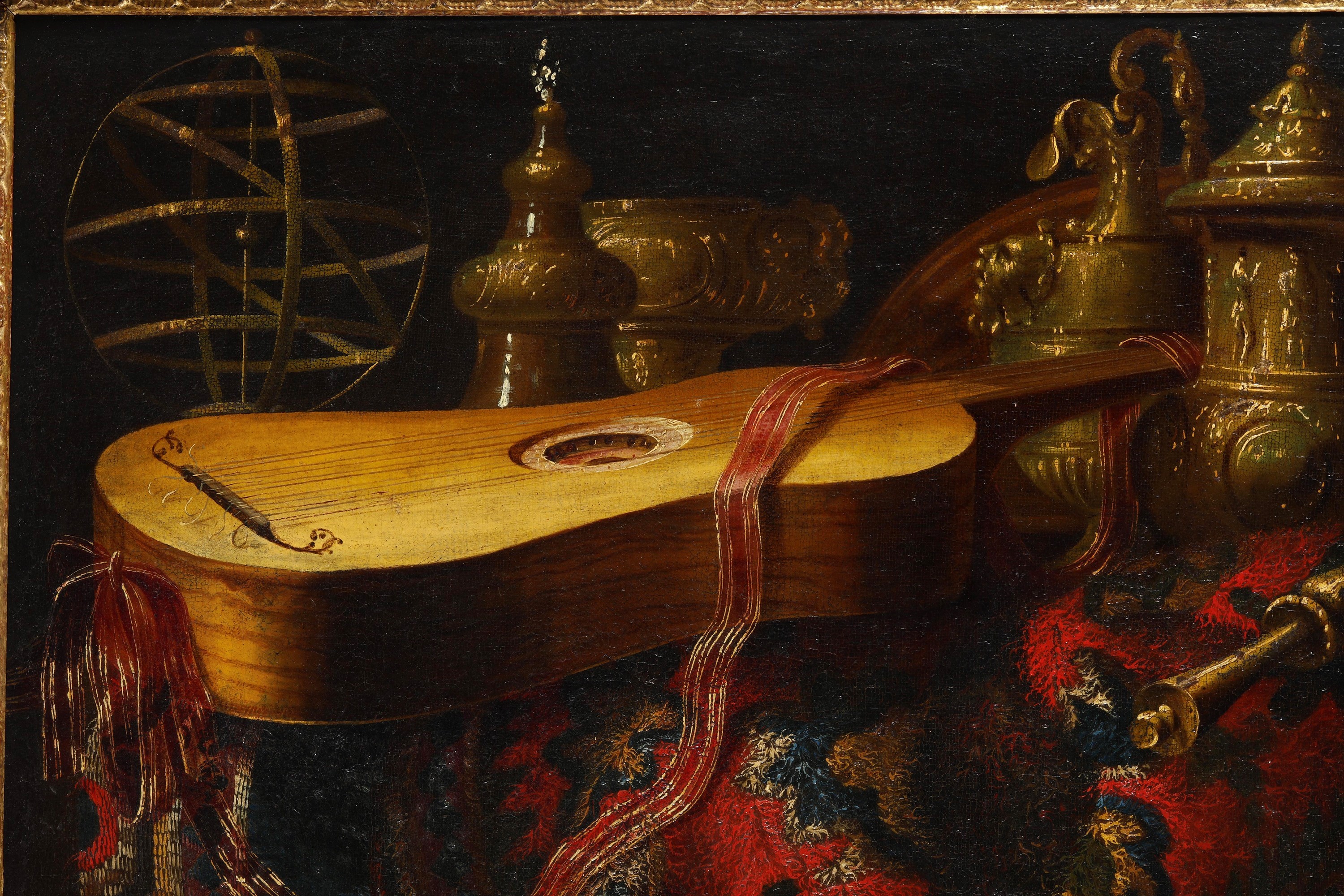 Natura morta con tappeto, chitarra, spartito musicale, sfera armillare e argenteria