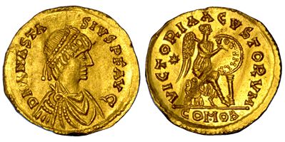 Anastasio I, Semisse (491-518 d.C.) con Vittoria, Roma, circa 493-518 d.C.