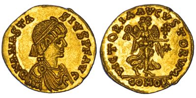 OSTROGOTI, Tremisse a nome Anastasio I, Roma, anno 493, 491-526