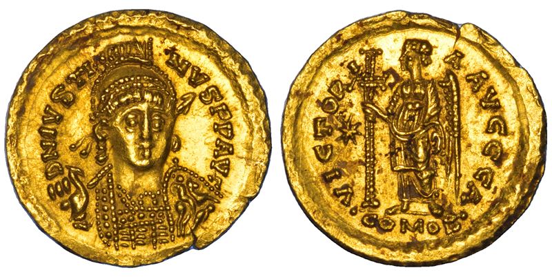 OSTROGOTI. TEODORICO, 518-526 - ATALARICO, 526-534 Solido a nome di Giustino I, 526-527. Ravenna.  - Auction Numismatics - Cambi Casa d'Aste