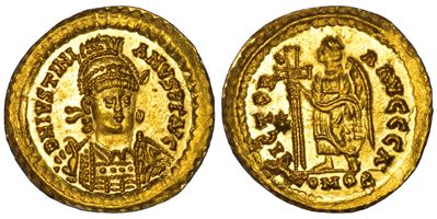 Giustiniano I, Solido con busto diademato e Vittoria in piedi, 527-536, Roma