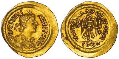 Tremisse a nome di Giustiniano I, Ravenna, 536-539 d.C.