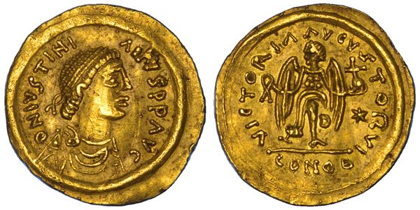 OSTROGOTI. PERIODO DI BADUILA, 541-552. Tremisse al nome e con l'effigie di Giustiniano I, anni  536-539. Ravenna.