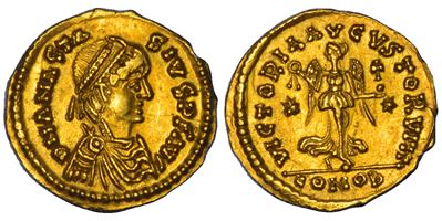 Teodorico, Tremisse a nome Anastasio I, 493-526 d.C., Oro, Ticinum, anni 492-518