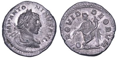 ELIOGABALO, Denario con busto laureato e Providentia