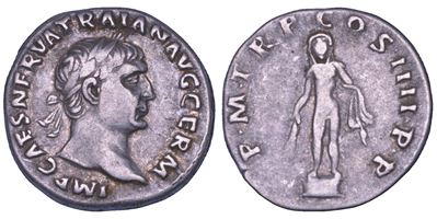 Traiano, Denario con testa laureata e Eracle, 98-117 d.C.