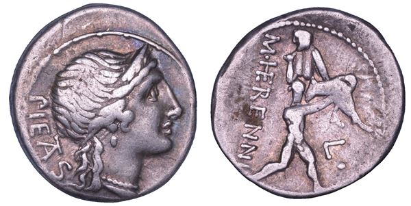 HERENNIA. M. Herennius, 108-107 a.C. Denario.