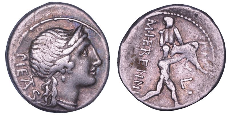 HERENNIA. M. Herennius, 108-107 a.C. Denario.